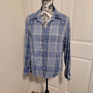 Lemon grass floral embroidered long sleeve‎ button up shirt